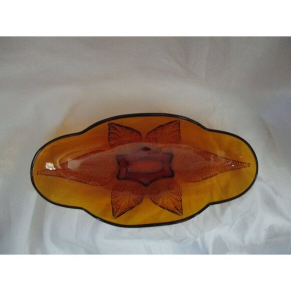 Candy Dish, Vintage Indiana Glass Deep Amber Leaf Candy Relish Dish oblong bowl - Picture 2 of 5